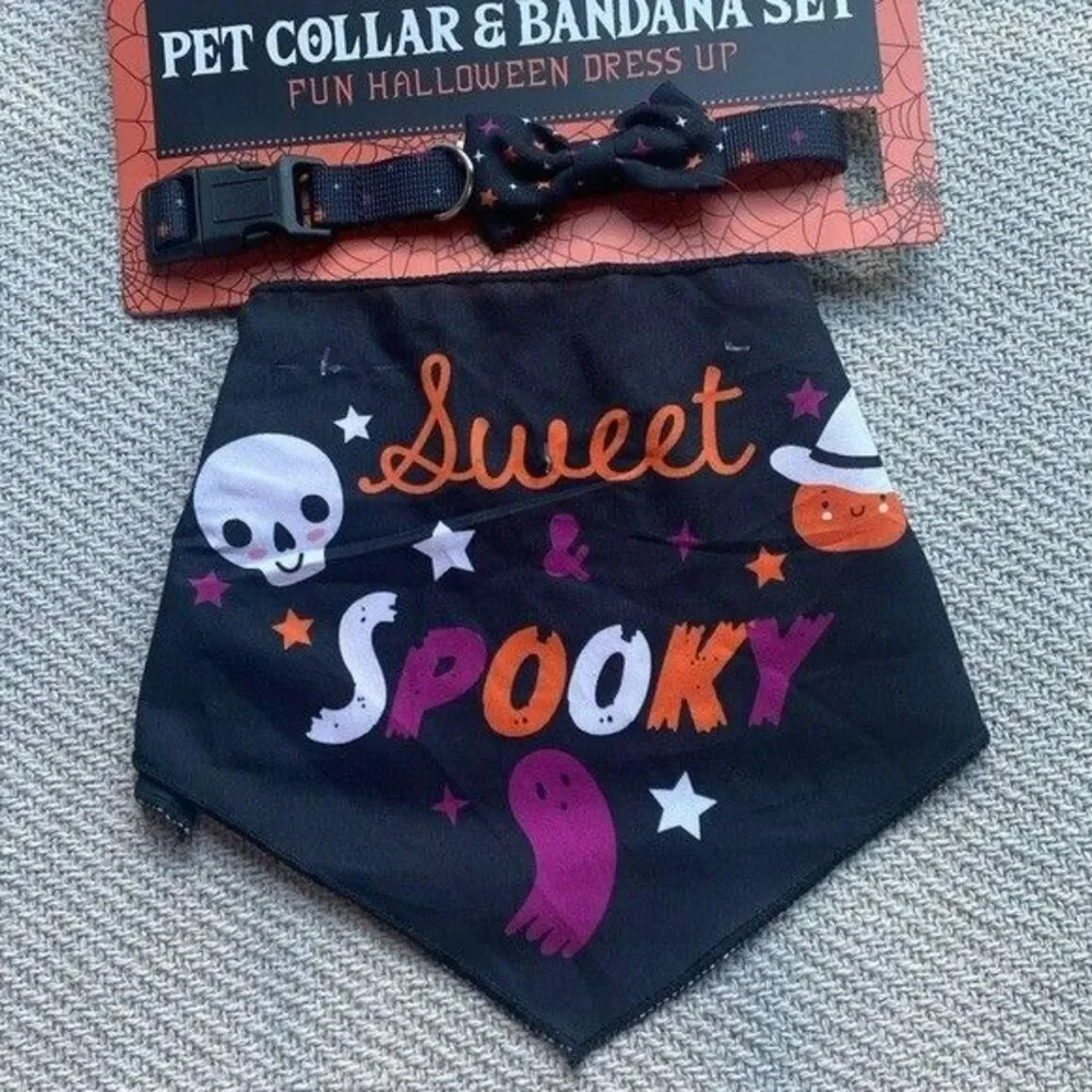 Sweet & Spooky Dog Halloween Matching Collar Bandana Set NWT Black Small/Med